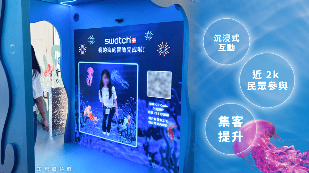 民眾於 swatch SCUBAQUA 快閃展體感互動裝置生成海底水母合成照片